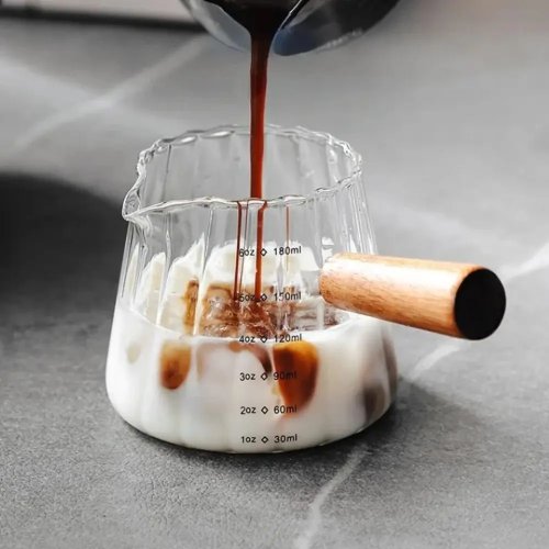 Double Spout Glass Measuring Cup for Coffee & Milk, High Temperature Resistant, Engraved Scale, Home Use