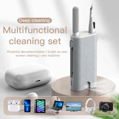 Pluma de limpieza 5 en 1 para audífonos con spray y cepillo, kit portátil limpiador de teclado para AirPods 3
