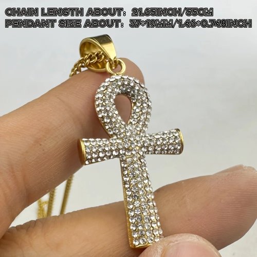 Collar con Colgante Cruz Ankh Egipcia Iced Out Acero Inoxidable 316L Color Oro con Pedrería Joyería Hip Hop