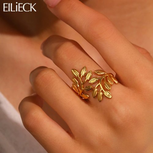 EILIECK Anello Foglia in Acciaio Inossidabile 316L per Donna, Colore Oro, Impermeabile, Bigiotteria