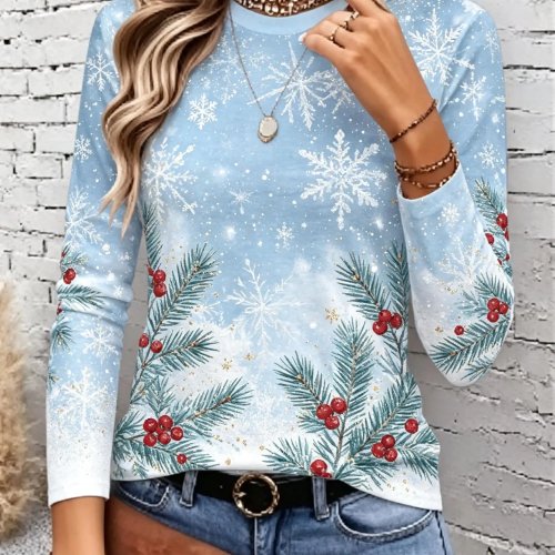 Dames T-shirt met lange mouwen en kerstprint van sneeuwvlokken, dennentakken en bessen, ronde hals, casual loszittende top voor elke dag