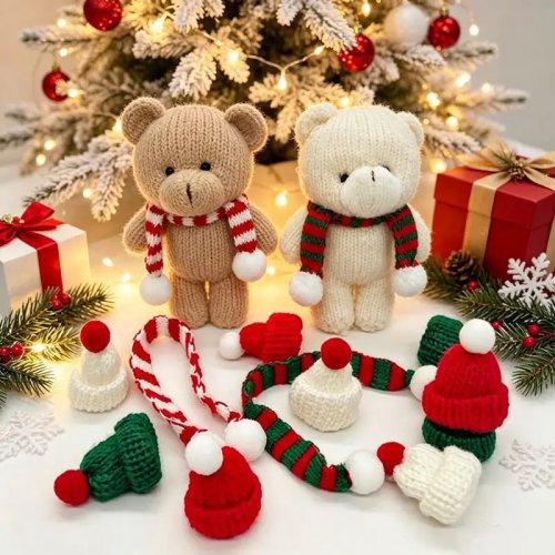 Mini Knitted Christmas Hats & Scarves - Xmas Ornaments for Wine Bottles, Bear Dolls, DIY Gift Wrapping & Party Decor