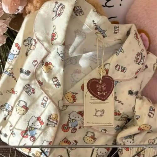 Schattige Anime Hello Kitty Pyjama voor Dames - Langemouwen Set voor Lente/Herfst, Huiskleding voor Studentenhuis