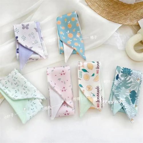 Women's Double Sided Silk Scarf with Fruit Pattern – Hair Band, Neck Scarf, Bag Strap