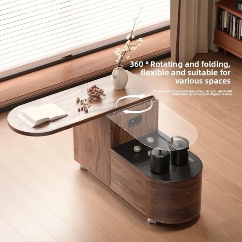 Carrito Auxiliar Móvil de Madera Maciza con Gabinete de Té Giratorio y Mesa de Té Rock Board para Sofá de Salón