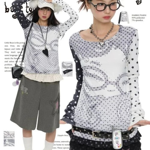 Kimotimo Áo Thun Dài Tay Nữ Thẩm Mỹ Y2K - Anime Chấm Bi Patchwork Ôm Sát, Top Mùa Thu Harajuku Vintage