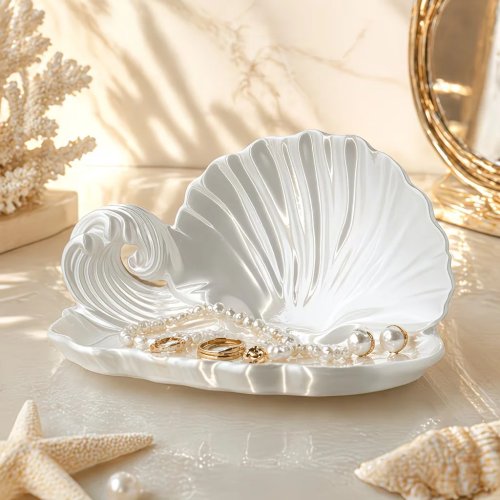 Plateau de rangement pour bijoux en forme de coquillage avec motif vague océanique - Plateau d'accessoires élégant, organisateur de bijoux cadeau