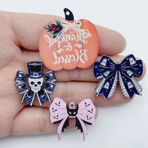 10個 ハロウィン ミックス リボン＆カボチャ アクリルチャーム ゴシックペンダント DIY 手作り キーホルダー イヤリング ジュエリー アクセサリー