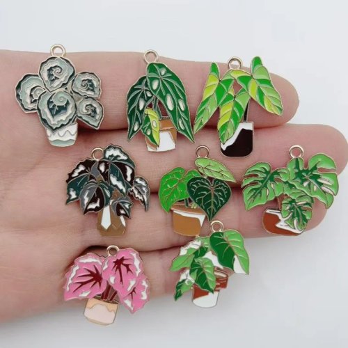 10 ชิ้น จี้โลหะไม้อวบน้ำสีเขียวในกระถางและใบตอง DIY พวงกุญแจ ต่างหู และเครื่องประดับผม