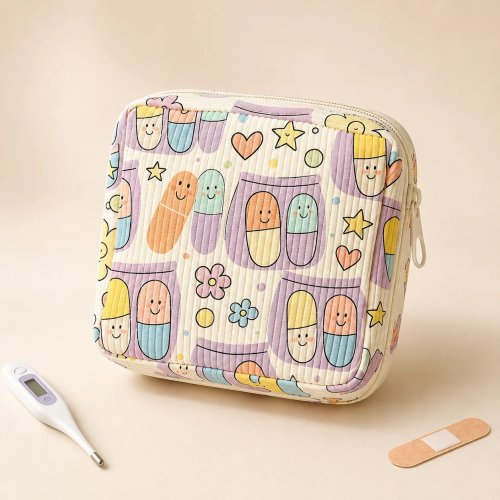 Bolsa de medicamentos fofa de tecido canelado com estampa de comprimidos de desenho animado, estojo de primeiros socorros, organizador médico de viagem, caixa de armazenamento, kit de emergência