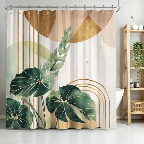 Rèm phòng tắm hiện đại nhiệt đới thực vật, polyester chống nước, in lá vàng sang trọng, trang trí phòng tắm