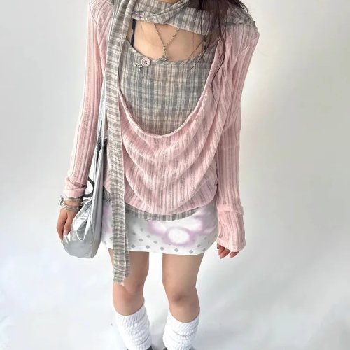 Kimutomo T-shirt Donna Plaid Patchwork Maniche Lunghe con Fori e Colletto Oscillante - Top Casual Grunge Estivo