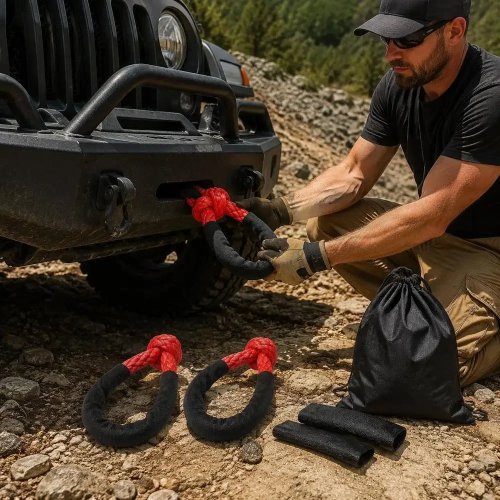 Grillete blando sintético 1/2″ x 22″ (2 pzas.) para recuperación off-road UTV/ATV, resistencia a la ruptura 44,092 lbs (20 t), fundas protectoras y bolsa de almacenamiento incluidas, rojo
