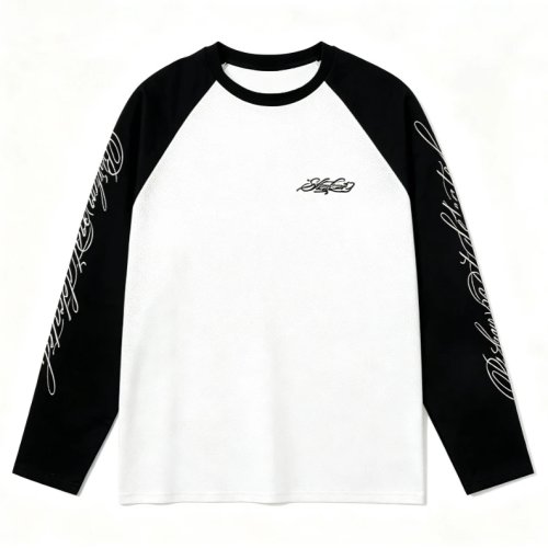 เสื้อยืดแขนยาวยูนิเซ็กส์สีดำขาวดีไซน์ไหล่ สไตล์เวสต์โคสต์สตรีทแวร์ พิมพ์ 3D ลำลอง