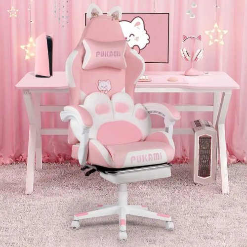 Cadeira gaming rosa com orelhas de gato e almofada lombar pata de gato, cadeira de computador ergonómica para rapariga com apoio de pés e apoio de cabeça