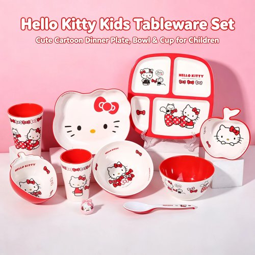 Vajilla infantil de melamina Sanrio Hello Kitty – Apta para alimentos, sin BPA, plato dividido, cuenco y vaso, irrompible y antiescaldadura para niños pequeños
