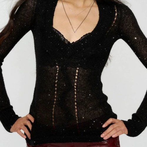 Y2K gebreide trui voor dames, opengewerkt, doorschijnend, bodycon, pullover, grunge fairy top, najaar 2025, effen kleur