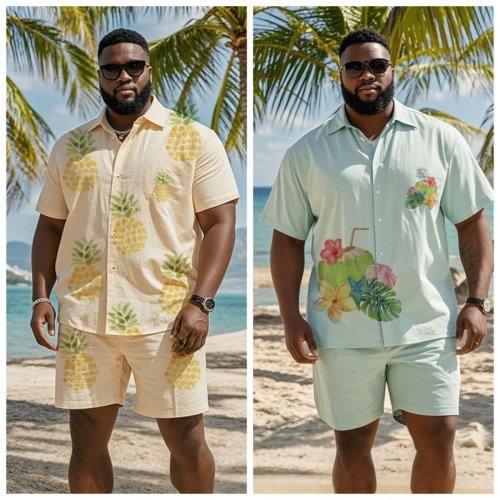 ชุดเสื้อฮาวายและกางเกงขาสั้นผู้ชาย S-9XL Big and Tall ลายผลไม้และอะโลฮาน่ารัก ชุดลำลอง 2 ชิ้น
