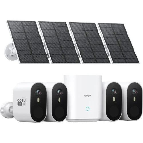Câmaras de segurança solar sem fios exterior, kit de 4 câmaras, sistema de segurança doméstica 2K QHD com ângulo ultra-largo 166°, visão noturna a cores
