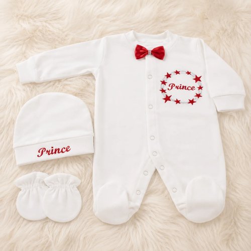Conjunto de Bebé 3 Piezas: Mameluco con Pies Bordado, Gorro y Mitones – Crema/Vino, 0-9 Meses