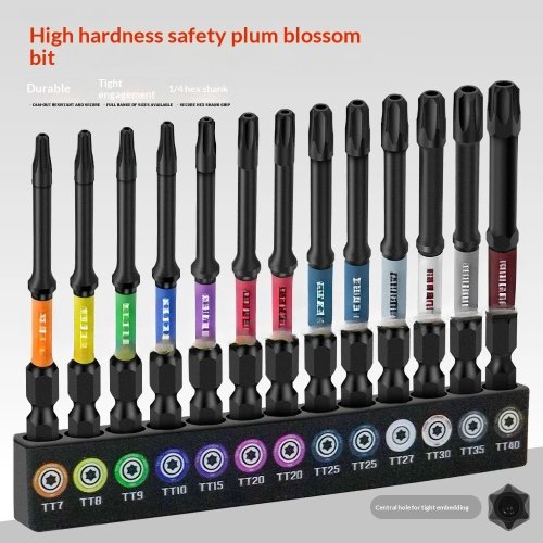 ชุดดอกสกรู Torx กลวงนิรภัย 13 ชิ้น แบบรหัสสี เหล็ก S2 สำหรับสว่านไฟฟ้าและไขควงกระแทก