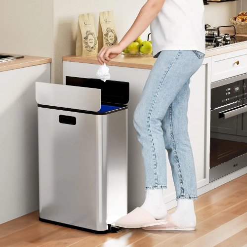 2-Pack 28L Stainless Steel Step-On Pedal Trash Can, Soft Close Kitchen Garbage Bin, Space-Saving Modern Recycling Container for Home & Office