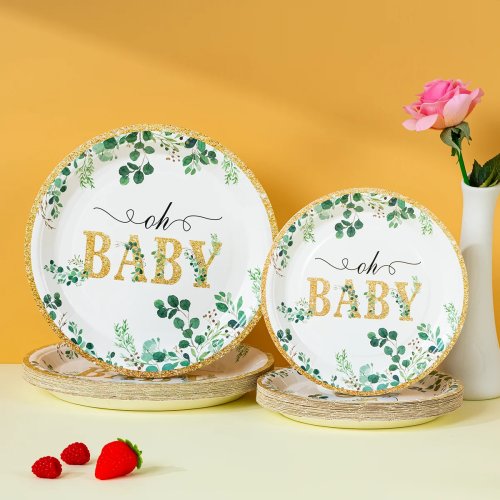 10/25/50 ชิ้น จานกระดาษใช้แล้วทิ้ง Oh Baby, ขอบทองสีเขียว กลม สำหรับงาน Baby Shower