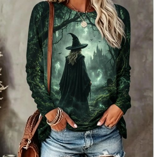 T-shirt à Manches Longues Halloween pour Femme - Imprimé Squelette Sorcière Cimetière Château Coucher de Soleil, Col Rond, Top Décontracté