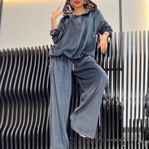 Set felpa in velluto con stampa leopardo – Felpa con cappuccio e pantaloni a gamba larga, oversize, maniche lunghe, coulisse in vita, nero