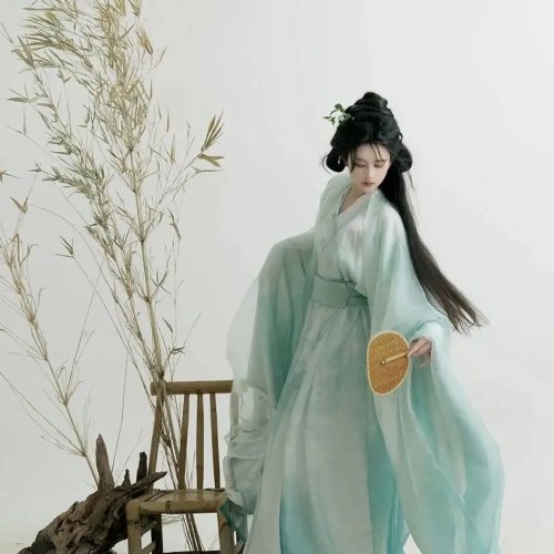 여성 한푸 녹색 대나무 패턴 와이드 소매 데일리 에테리얼 스타일