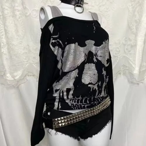เสื้อยืดผู้หญิง Y2K Emo ไหล่เปิด แขนยาว – สไตล์สตรีทแวร์กรันจ์