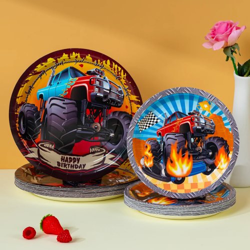 Бумажные тарелки Monster Truck – Одноразовые тарелки с дизайном огня и пламени для украшения гоночной вечеринки