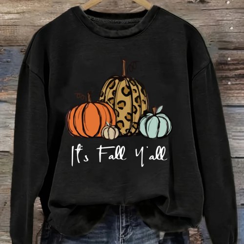 Women's Casual Long Sleeve Crew Neck T-Shirt, Pumpkins Fall Yall Text Design, Loose Fit, Machine Washable, Slightly Elastic, Spring Autumn Winter Halloween Outfit