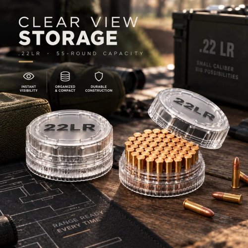 .22 LR 55-Round Clear Ammo Storage Box – Compact Transparent Organizer Case with Screw Lid, 7.1×3.5 cm