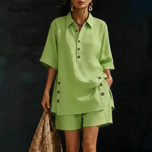 Set Due Pezzi Donna Camicia e Short Effetto Lino Bavero Mezza Bottoniera Tunica Asimmetrica Casual Estivo