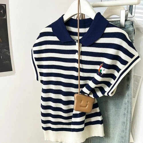 Women's Summer Striped Knit T-Shirt, Contrast Color Loose Fit Short Sleeve Polo Neck Top