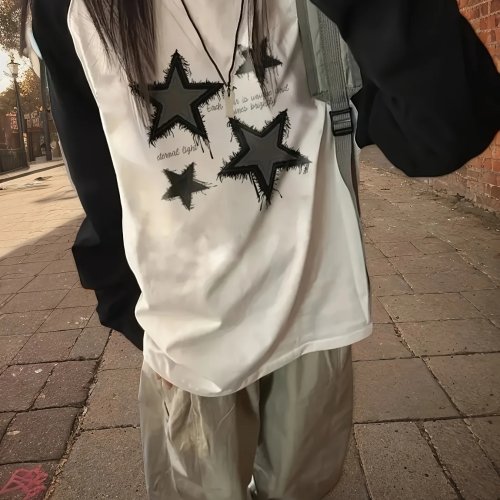 レディース 長袖 Tシャツ 星柄 白黒 ゆったり オールマッチ トップス 春夏秋用