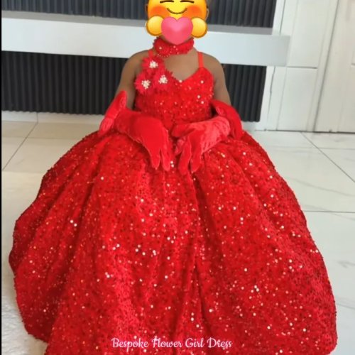 Red Sequin Flower Girl Dress for Wedding Birthday Pageant, Spaghetti Straps, 3D Floral Decor, Puffy A-Line Floor-Length Gown