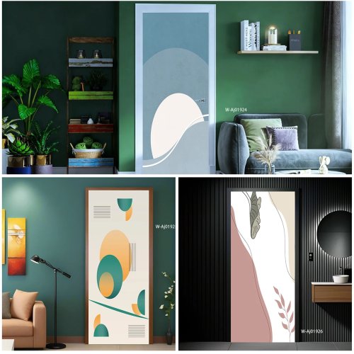 Soft Pastel Leaf Abstract Door Decal - Peel and Stick Waterproof Removable Door Mural, Modern Minimalist Interior Decor