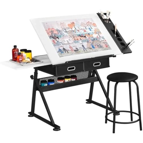 Tavolo da disegno tecnico con inclinazione regolabile, piano di riferimento estraibile, cassetti, poggia matite e struttura metallica robusta per arte
