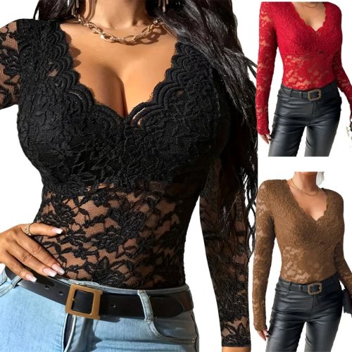 Women's Sexy Lace Mesh Long Sleeve Top - Retro Fashion T-Shirt