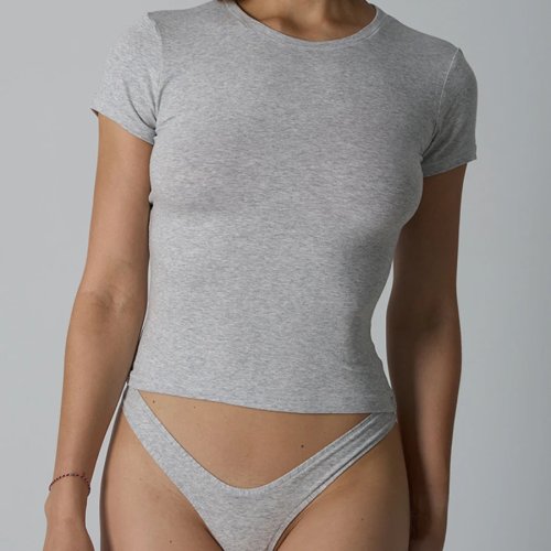 Setelan Lounge Wanita Katun Lengan Pendek Leher Bulat & Celana Dalam Low Waist - Polos Simpel Musim Panas