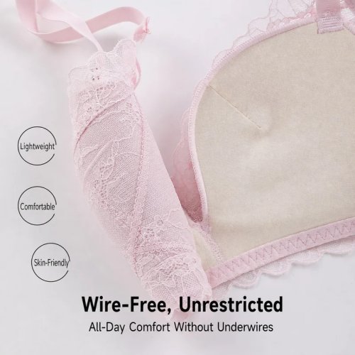 Women’s Lace Wireless Lightweight Soft Touch Bra Comfortable Everyday Lingerie Light Pink
