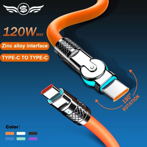 120W 6A Super Fast Charging USB-C to USB-C Cable – 180° Rotating Elbow, Silicone, 1M/2M