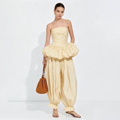 LIMO Damen 2-teiliges Outfit Tube-Top mit Rüschenbund & High-Waist-Ballonhose