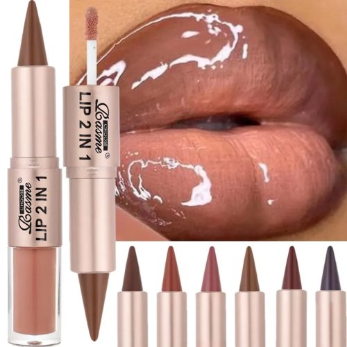 Delineador de labios y brillo 2 en 1 en tono marrón nude, resistente al agua