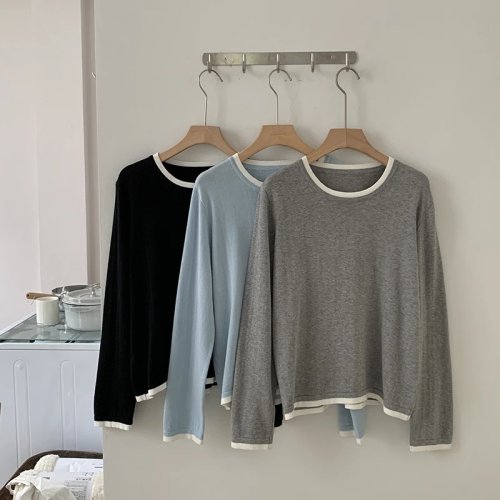 Camisa de Manga Larga para Mujer Cuello Redondo 100% Algodón Bloques de Color Tallas Grandes Liquidación Alta Calidad