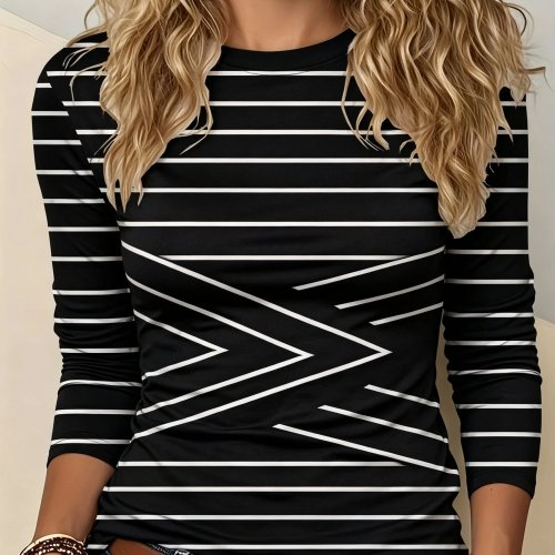 Fashion Women's T-Shirt Striped Chevron Geometric Print Crew Neck Long Sleeve Autumn Winter Casual Tee Top
