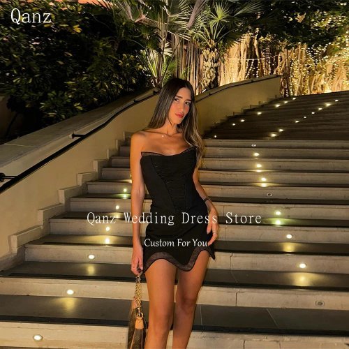 Qanz Sexy Black Satin Mini Prom Dress with Corset Back for Party and Special Occasions (Customizable)