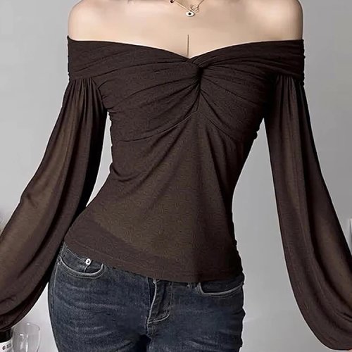 T-shirt Femme Y2K Aesthetic Épaules Dénudées Manches Longues - Vintage Uni Casual